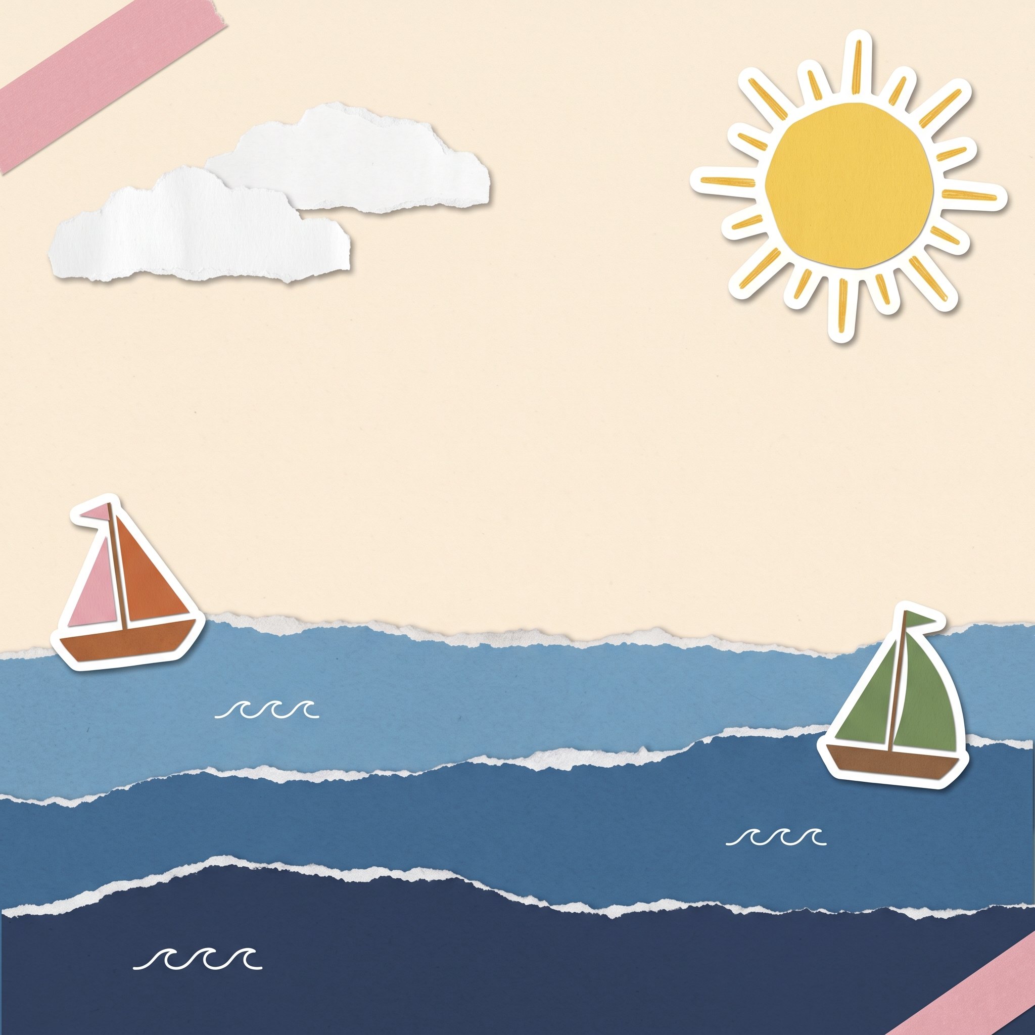 Paper-collage seascape with torn blue paper waves, sailboat stickers, and a die-cut paper sun