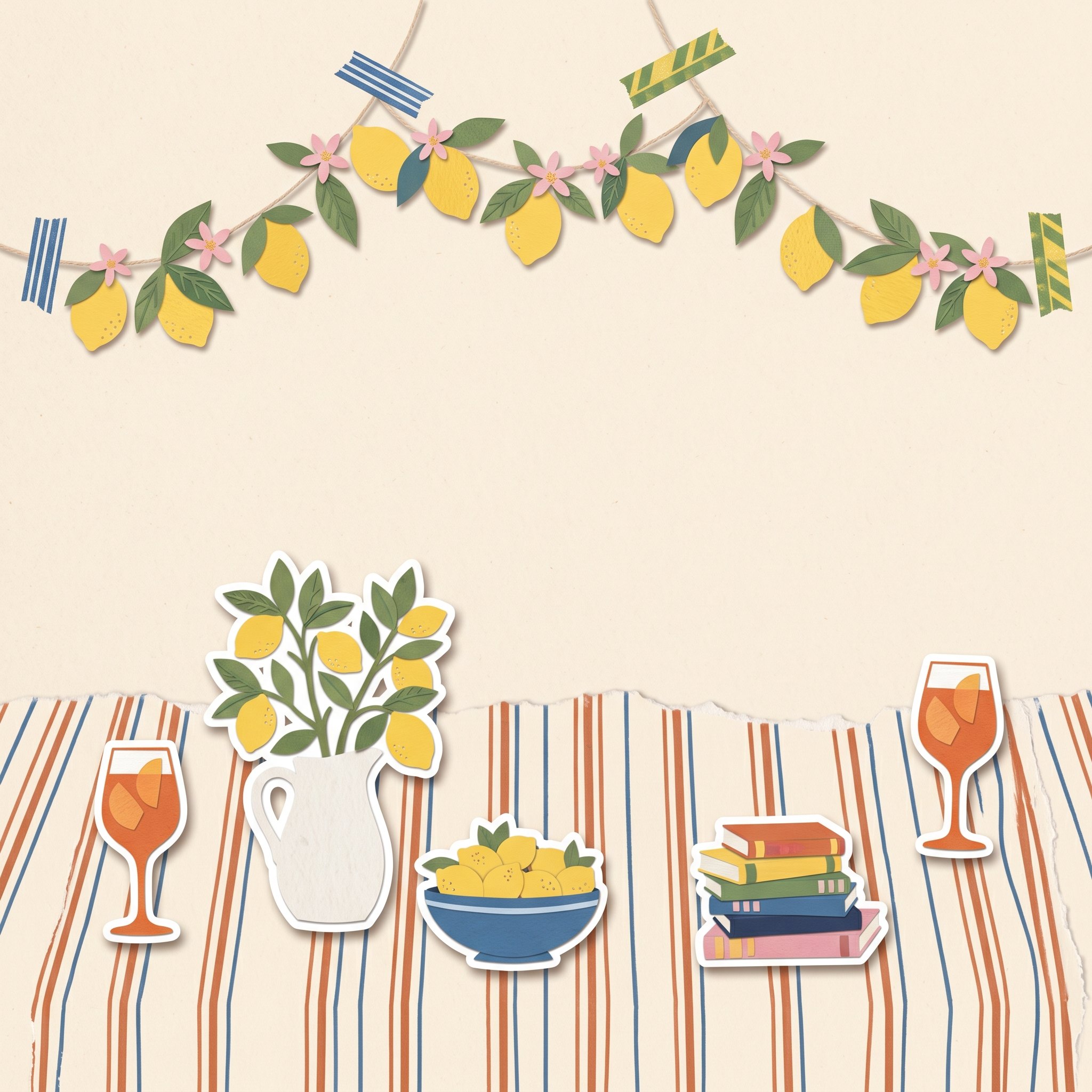 Paper-collage celebration table with spritz, lemon bowl, pitcher, and book stickers under a taped lemon garland